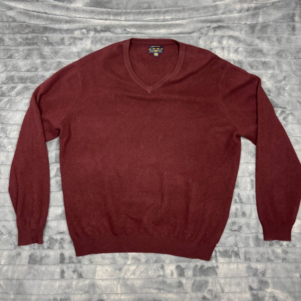 Club Room Mens XXL Burgundy 100% Cashmere V-Neck Sweater 2-Ply Knit Maroon